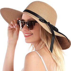 Double Couple Womens Straw Hat Wide Brim Floppy Beach Sun Hat for Women UPF 50+